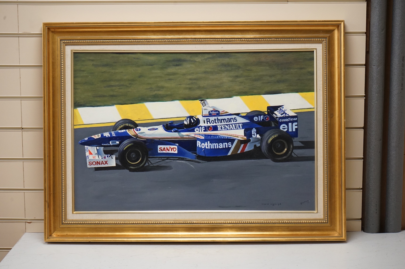 Sims, oil on canvas, ‘Damon Hill, Brazilian Grand Prix’, signed and dated '97, 50 x 74cm, gilt frame